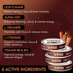 Close-up of VPR Energy ingredients panel showing Lion’s Mane and Alpha-GPC.