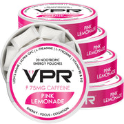 VPR Energy pink lemonade pouch front for quick, clean caffeine boost.