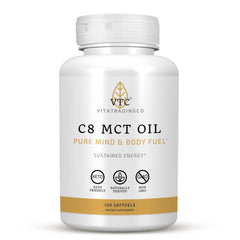 VTC C8 MCT oil capsules bottle pour showing quick energy for active days