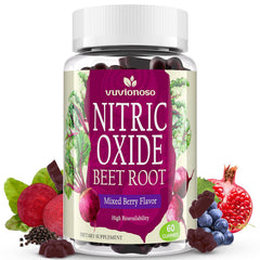 Vuvionoso Beet Root Gummies bottle front with mixed berry flavor and sugar-free formula