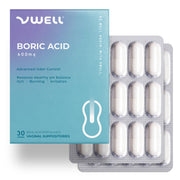 VWELL boric acid suppository packaging shows travel-friendly box for discreet use