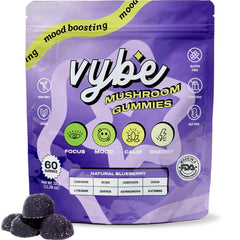 Vybe Wellness Daily Nootropic Gummies bottle closeup showing blueberry flavor and focus support.