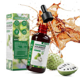 Vyxion Soursop Drops bottle close-up, vegan immune-support formula.