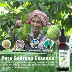 Vyxion Soursop Drops label close-up highlighting 500 mg fruit extract and 1500 mg leaf concentrate.