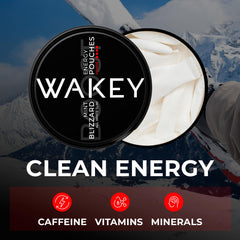 Close-up of Wakey pouches highlighting nicotine-free, 100mg caffeine on the go.