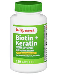 Walgreens Biotin + Keratin tablets bottle promoting hair, skin, and nails support.