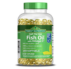 Walgreens Finest Nutrition half-size fish oil softgels bottle, convenient daily omega-3 source.