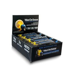 War on Sugar Lemon Blueberry bar pack front, keto-friendly on-the-go snack.