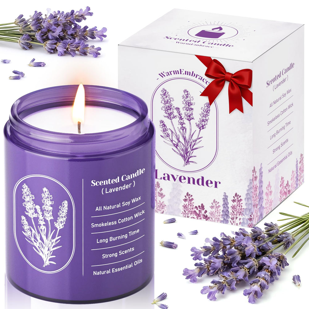 WarmEmbrace Lavender candle in purple glass vessel for calming home scent.