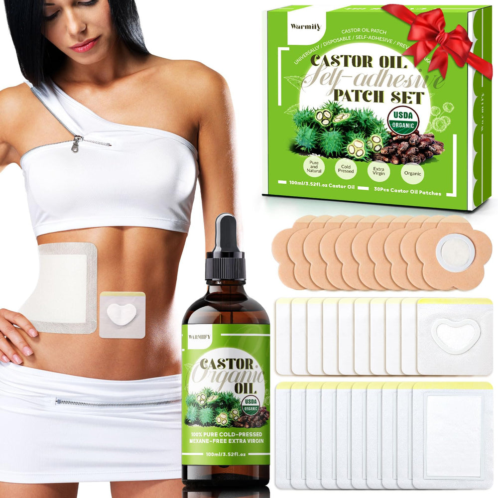 Warmify castor oil patches and bottle for convenient use at home.