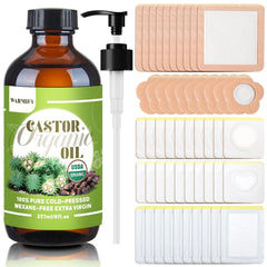 Warmify castor oil patches bottle close-up showing organic oil for everyday use
