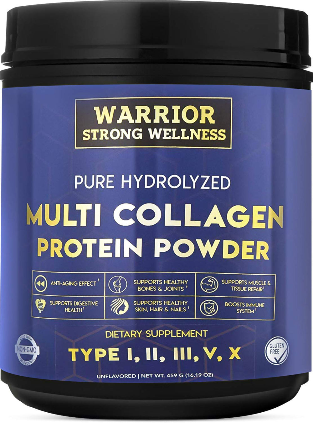 Warrior Strong Wellness pure hydrolyzed collagen powder bottle pour supports joint health and skin vitality.
