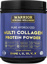 Warrior Strong Wellness pure hydrolyzed collagen powder bottle pour supports joint health and skin vitality.