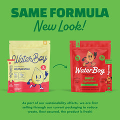 Dissolved Waterboy hydration shows vibrant flavor with 1,570mg electrolytes for daily refreshment.