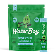 Waterboy Workout Hydration blue raspberry stick ready to mix during a workout
