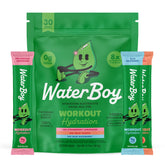 Waterboy Workout Hydration packet front shows high-electrolyte blend for daily workouts.
