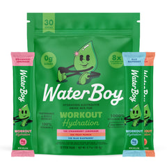 Waterboy Workout Hydration packet front shows high-electrolyte blend for daily workouts.