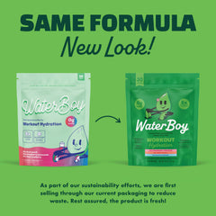 Waterboy Workout Hydration powder poured into glass reveals refreshing, low-calorie hydration.