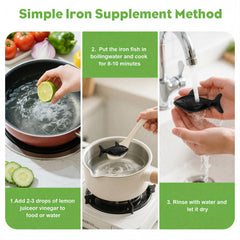 Watstion reusable iron fish iron-source-inside-pan shows mineral infusion during cooking.