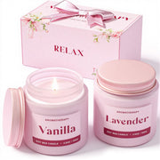 Waxcanpy lavender candle in pink jar for calming relaxation and cozy evenings.
