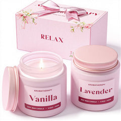 Waxcanpy lavender candle in pink jar for calming relaxation and cozy evenings.