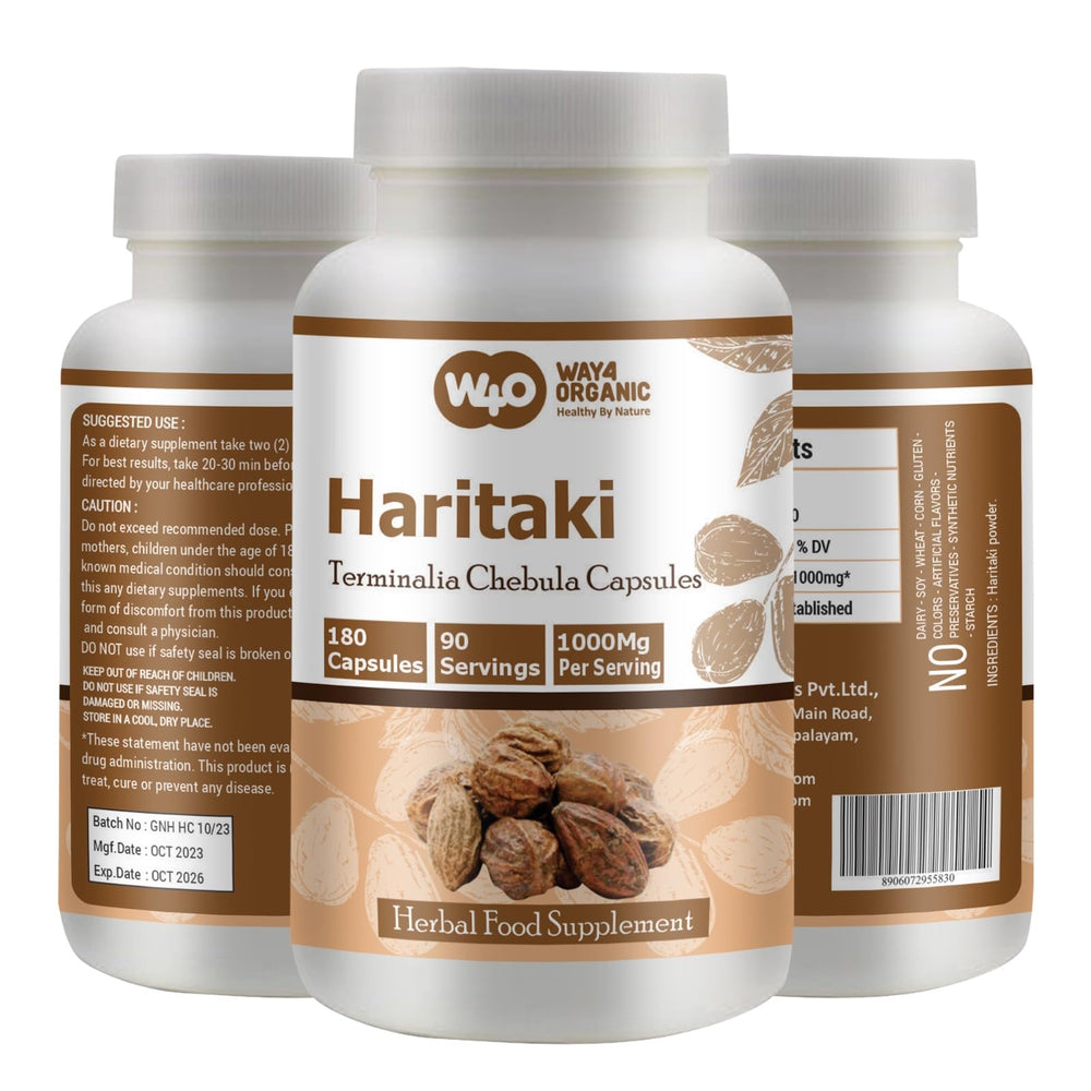 Way 4 Organic W4O Haritaki capsules bottle for daily wellness use.