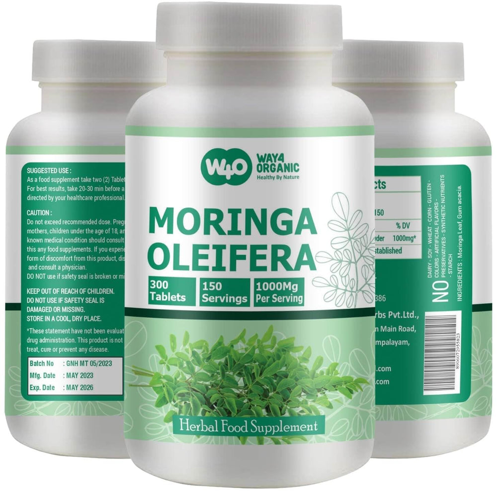 WAY 4 ORGANIC W4O Moringa tablets bottle front for daily nutrient support.