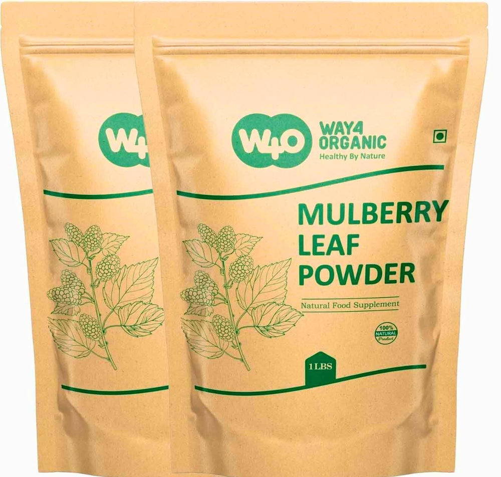 Way4Organic Mulberry Leaf Powder packaging close-up for smoothies and baking.