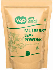 Way4Organic Mulberry Leaf Powder texture on scoop, easy to blend.