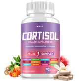 WAZQ cortisol supplements bottle front showing 90 capsules for daily stress support