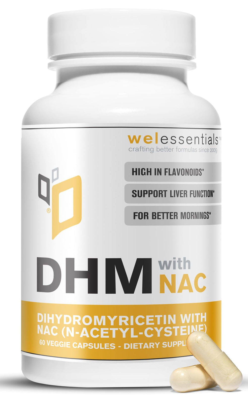 WELESSENTIALS DHM with NAC bottle highlighting liver support and hydration potential