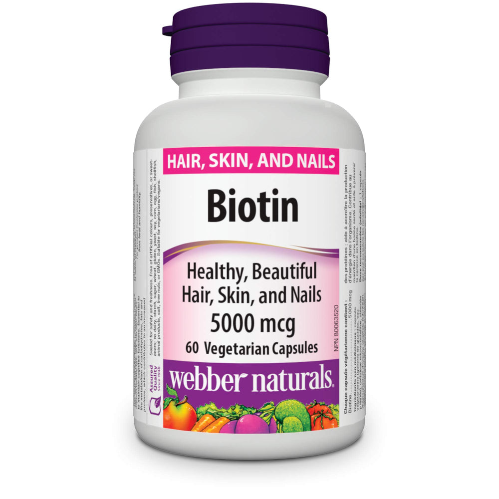 Webber Naturals Biotin 5000 mcg bottle for daily hair and nail support.