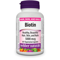Webber Naturals Biotin 5000 mcg bottle for daily hair and nail support.