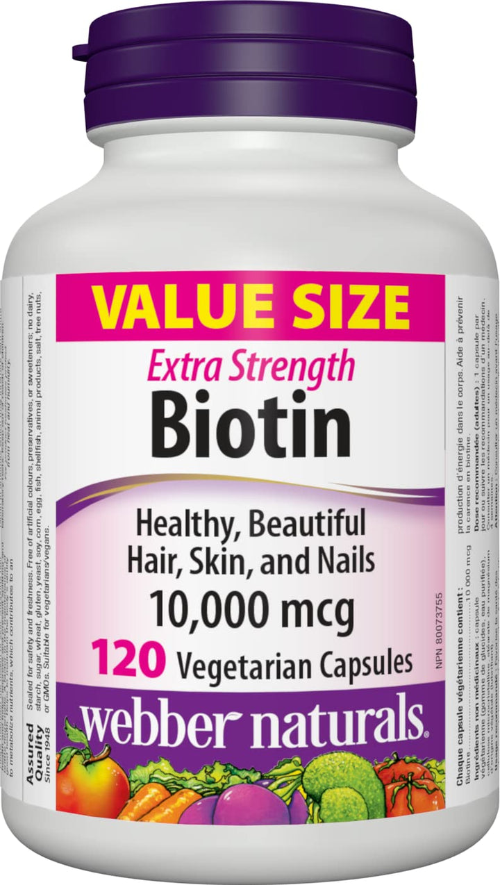 Webber Naturals Biotin extra-strength bottle showing 120 capsules for healthier hair and nails