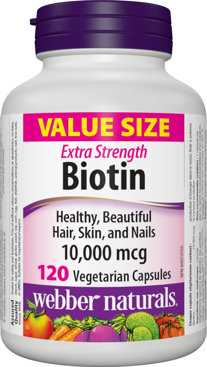 Webber Naturals Biotin extra-strength bottle showing 120 capsules for healthier hair and nails