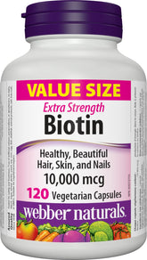 Webber Naturals Biotin extra-strength bottle showing 120 capsules for healthier hair and nails