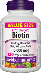Webber Naturals Biotin extra-strength bottle showing 120 capsules for healthier hair and nails