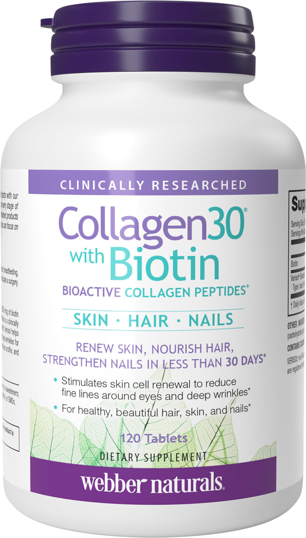 Webber Naturals Collagen30 bottle label shows 2,500 mg collagen and 5,000 mcg biotin per serving.