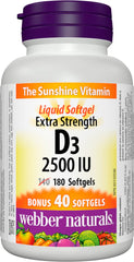Webber Naturals ConfettiWOW D3 2500 IU softgels bottle supports healthy bones and teeth.