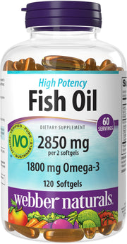 Webber Naturals fish oil 2850 mg bottle shows high potency omega-3 support.