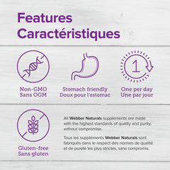 Webber Naturals Gentle Iron ingredients panel showing ferrous bisglycinate and vitamins.