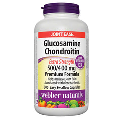 Webber Naturals Glucosamine Chondroitin vitamin D3 extra strength bottle; premium formula for daily use.