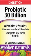 Webber Naturals Probiotic 30 Billion label closeup shows potency and eight strains.
