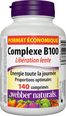 Webber Naturals Vitamin B100 Complex Time Release bottle back with label details.