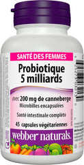 Webber Naturals Women's Multi Probiotic with Cranberry cap close-up highlights easy daily dosing
