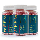 WEEM Hair Skin Nails Gummies bottle shows vegan biotin support for healthier hair, nails, and skin.