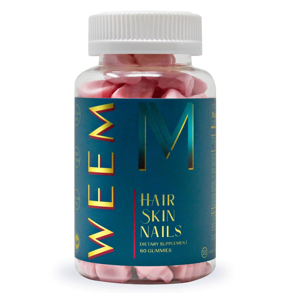 WEEM Hair Skin Nails Gummies pack shot shows vegan vitamins for healthy hair