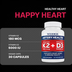 Weider Artery Health dosage panel displays 180 mcg K2 and 125 mcg D3 per capsule.