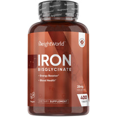 WeightWorld Iron Supplement 28mg bottle-front showing gentle chelated formula for daily iron intake.