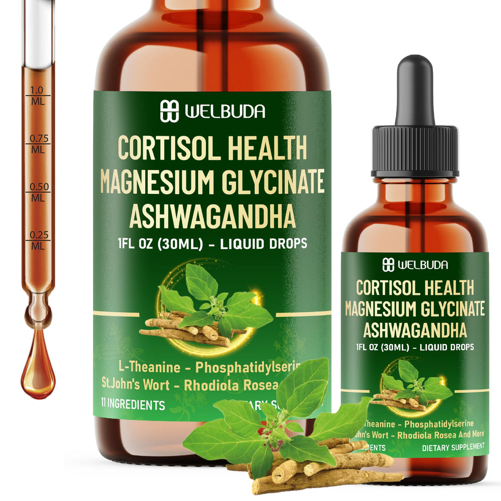 Welbuda 11in1 cortisol liquid bottle ready for daily dosing and balance.
